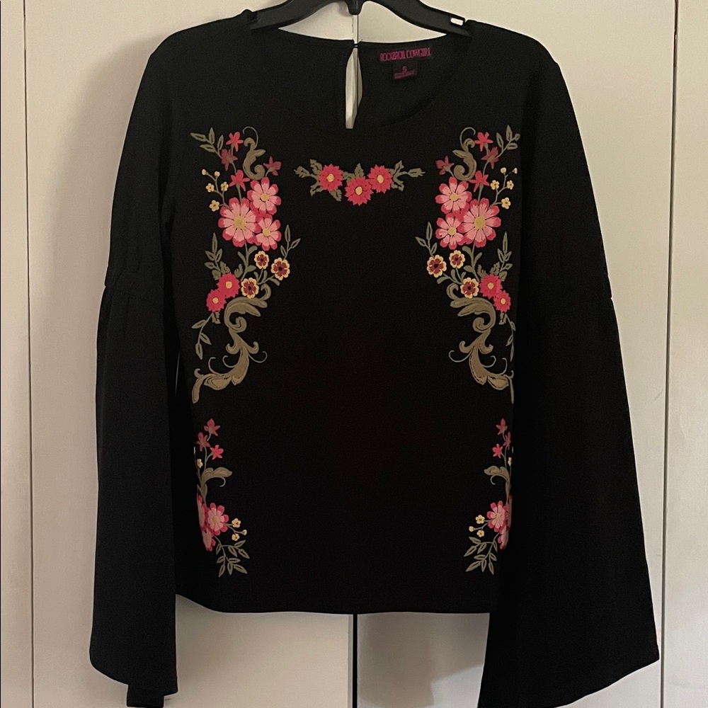 Rock & Roll Cowgirl Black Blouse with Pink Floral Embroidery